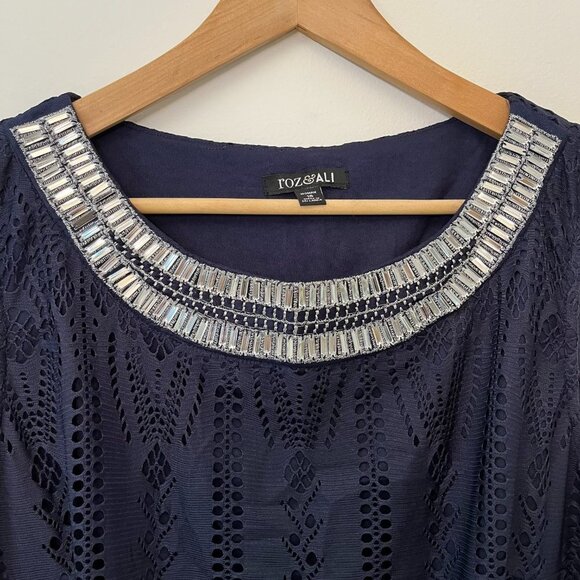 Roz & Ali Navy Eyelet Jeweled Scoop Neck Dress - Size 16 - Picture 2 of 11